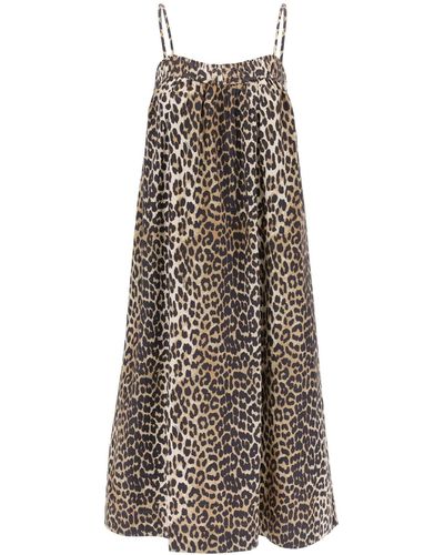 Ganni Leopard Print Flar La Vared Midi -jurk Met - Meerkleurig