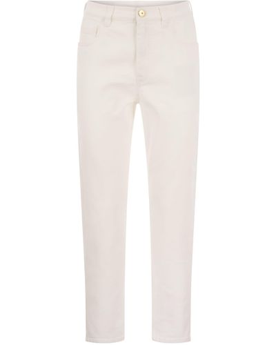 Brunello Cucinelli Baggy Pants In Garment-dyed Comfort Denim With Shiny Tab - White