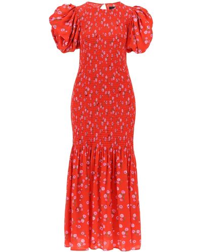 ROTATE BIRGER CHRISTENSEN Roteer Bloemengedrukte Maxi -jurk Met Gepofte Mouwen In Satijnen Stof - Rood