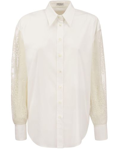 Brunello Cucinelli Stretch Katoen Popeline Shirt Met Knapperige Zijden Broderie Anglaise Sleeve - Wit