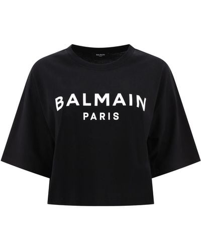 Balmain Camiseta de algodón recortada eco-responsable con estampado de logotipo - Negro
