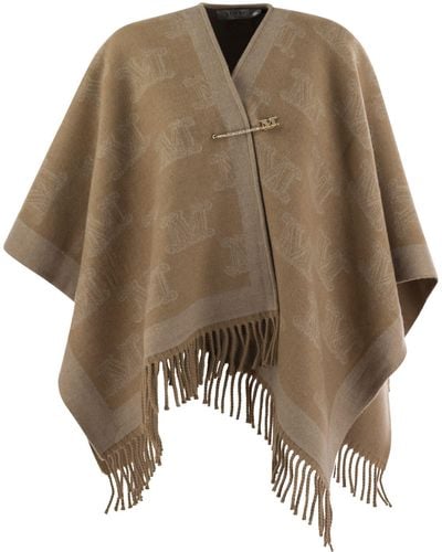 Max Mara Frine Wool Cape With Fringes And Brooch Pin - Brown