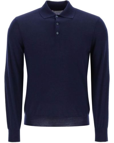 Brunello Cucinelli Langarmes Poloshirt in Virgin Wolle und Kaschmir - Blau