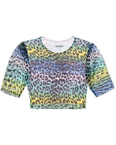 Ganni Multicolor Leopard Print Crop Top - Bleu
