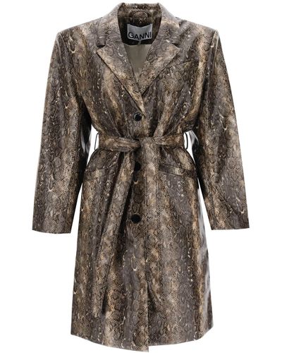 Ganni Snake Effect Faux Leather Trench Coat - Marron