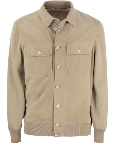 Brunello Cucinelli Suede Shirt Style Cardigan With Pockets - Natural