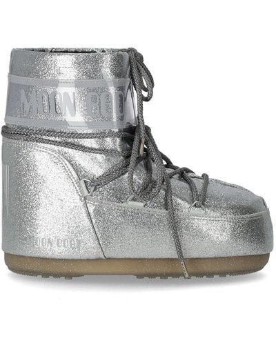 Moon Boot Mondstiefel -Symbol niedriger Glitzer Silber Schneeschuhstiefel - Grau