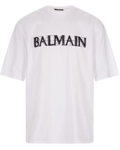 Balmain T-shirt en coton à logo strassé - Blanc