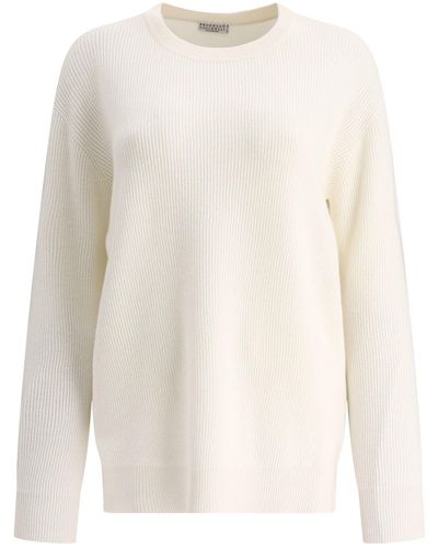 Brunello Cucinelli Cashmere English Rib Sweater mit Monili - Weiß