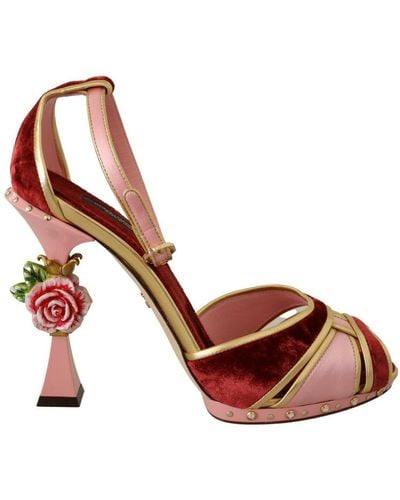 Dolce & Gabbana Rosa rote Samt-Blumen-Riemchen-Sandalen-Schuhe - Braun