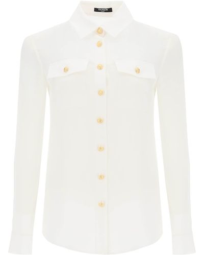 Balmain Crepe de Chine -Hemd mit gepolsterten Schultern - Blanco