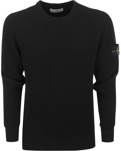 Stone Island Ribbed Sweater In Virgin Wool - Black