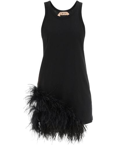 N°21 Mini Vestido De Punto Con Plumas - Negro
