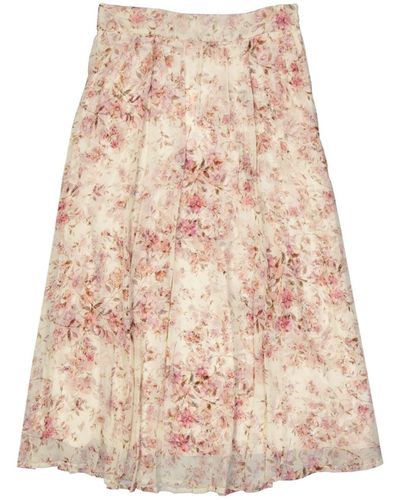 Zamattio Silk Floral Midi Skirt - Natural