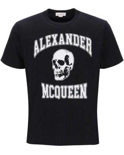 Alexander McQueen T-shirt con stampa teschio e logo varsity - Nero
