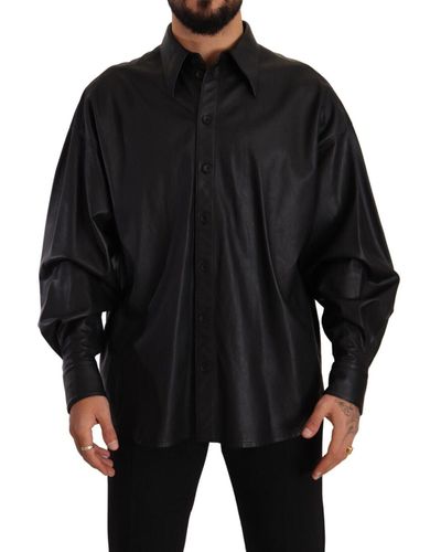 Dolce & Gabbana Veste à col boutonné en cuir noir pour hommes