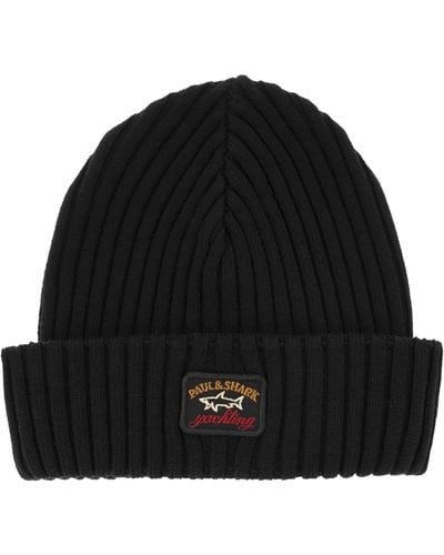 Paul & Shark Iconic Coin Badge Ribbed Wool Hat - Black