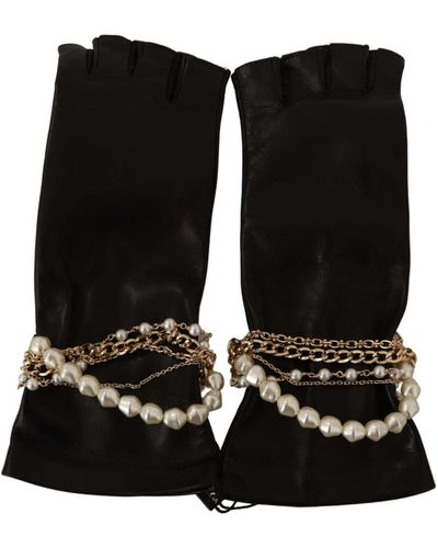 Dolce & Gabbana Black Leather Golden Chains Fingerless Gloves
