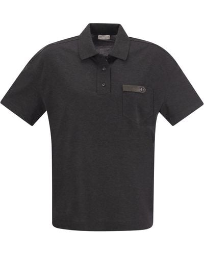 Brunello Cucinelli Camiseta de jersey de algodón ligero con pestaña de botón precioso - Negro