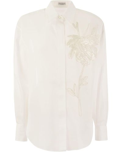 Brunello Cucinelli Cotton Organza -shirt Met Oogverblindend Magnolia -borduurwerk - Wit