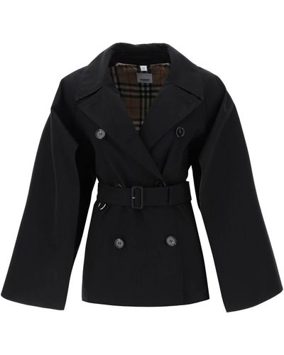Burberry 'ness' Double-breasted Raincoat In Cotton Gabardine - Black