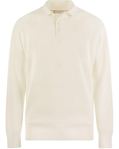 Brunello Cucinelli Baumwollrippen -Polo -Hemd mit langem Raglan -Ärmel - Weiß