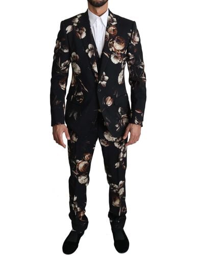 Dolce & Gabbana Schwarzer 3-teiliger MARTINI-Anzug mit Blumenmuster