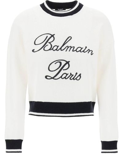 Balmain Bestickter Logo Pullover - Weiß