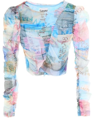 Ganni Ruched Cropped Top in bedrucktem Netz - Azul