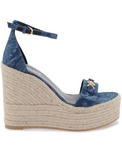 Versace Denim Barocco Wedge Sandals - Azul