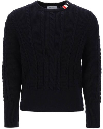 Thom Browne Cable Wollpullover mit RWB -Detail - Schwarz