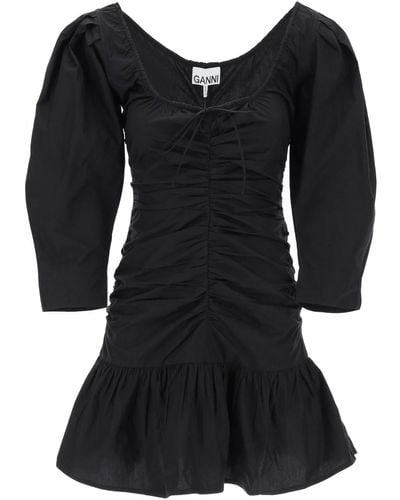 Ganni Mini Poplin -jurk Met Gebogen Mouwen - Zwart