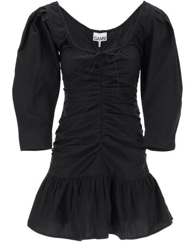Ganni Mini Poplin Dress With Curved Sleeves - Black