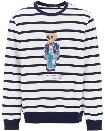 Polo Ralph Lauren Striped Crew Neck Sweatshirt mit Polo Bärendruck - Blau
