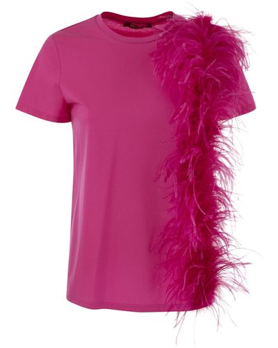Max Mara Studio Lappole Jersey T Shirt With Feathers - Pink