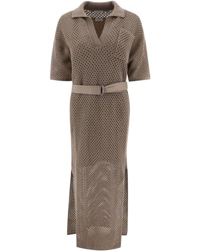 Brunello Cucinelli Net Knit Dress With Belt - Gray