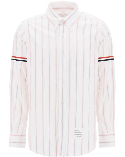 Thom Browne Striped Oxford Button Down Shirt With Armbands - White