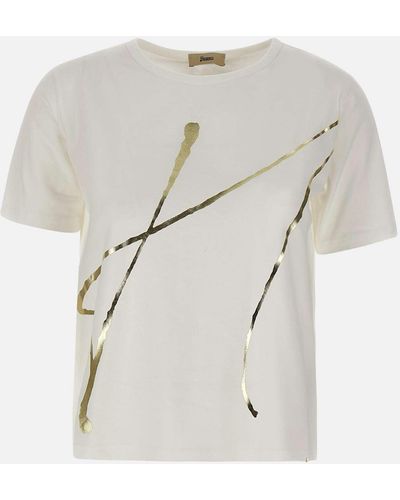 Herno Weißes Baumwoll-T-Shirt Mit Goldenem Grafikdruck