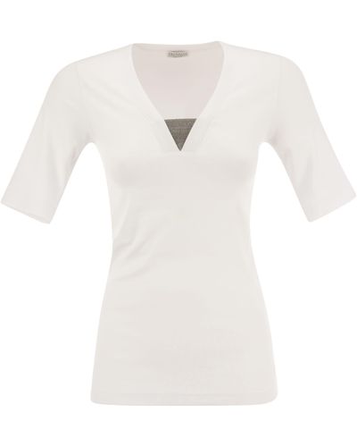 Brunello Cucinelli Stretch Cotton Rib Jersey T -Shirt mit kostbarem Einsatz - Weiß