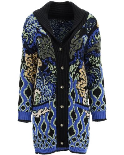Etro Maxi Wool En Alpaca Jacquard Cardigan - Blauw