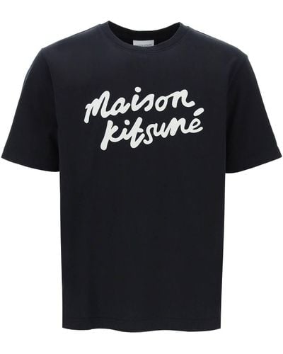 Maison Kitsuné T -Shirt mit Logo in der Handschrift - Schwarz