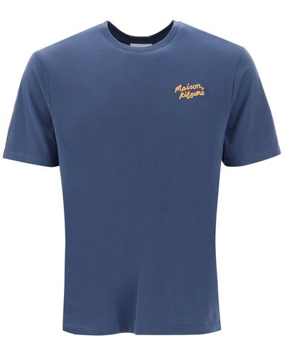 Maison Kitsuné Crew Neck T -Shirt mit Logo -Stickerei - Blau