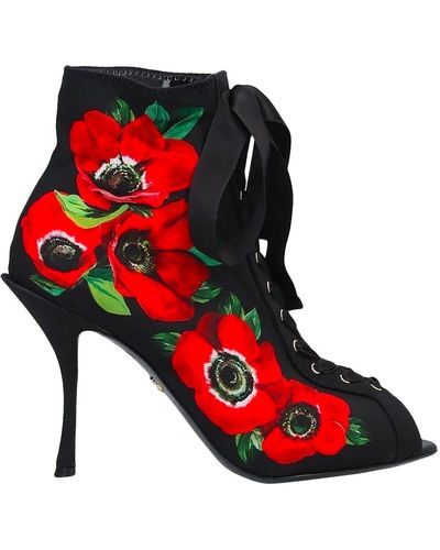 Dolce & Gabbana Black 90 Floral Print Lace-up Stretch Jersey Ankle Boots - Red
