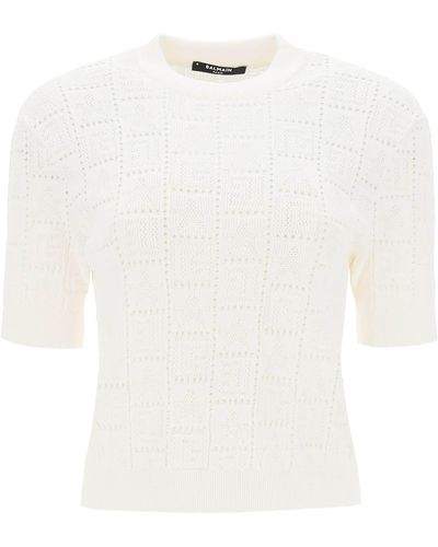 Balmain Short à manches en tricot monogramme - Blanc