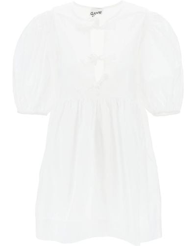 Ganni Mini Poplin Kleid mit Ballonärmelen - Weiß