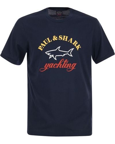 Paul & Shark Cotton T -shirt Met Bedrukt Logo - Blauw