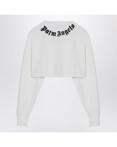 Palm Angels Long Sleeved Crop T Shirt With Logo - White