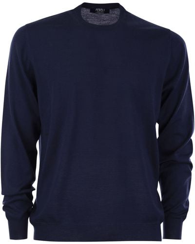 Fedeli Crew Neck Sweater In Superfijne Maagdelijke Wol - Blauw