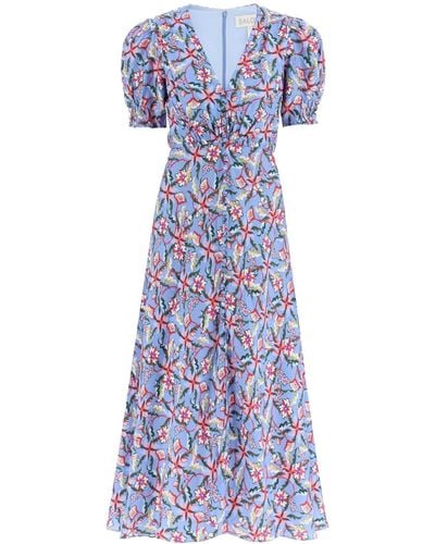 Saloni 'lea' Long Dress In Printed Silk - Blue