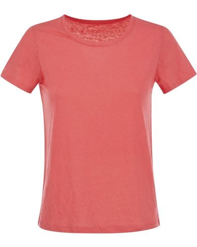 Majestic Crew Neck T Shirt In Linen And Short Sleeve - Pink